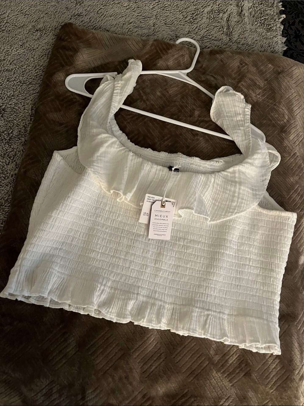 American Eagle Outfitters White Ruffle Smocked Crop Top